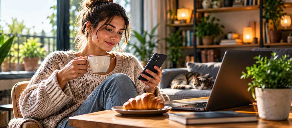 Nő kávészünetet tart otthon, miközben telefonján rövid digitális tartalmat néz egy csésze kávé mellett.